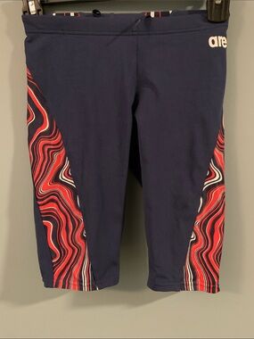 ARENA Navy Jammer Swim Shorts with Red Wave Panels